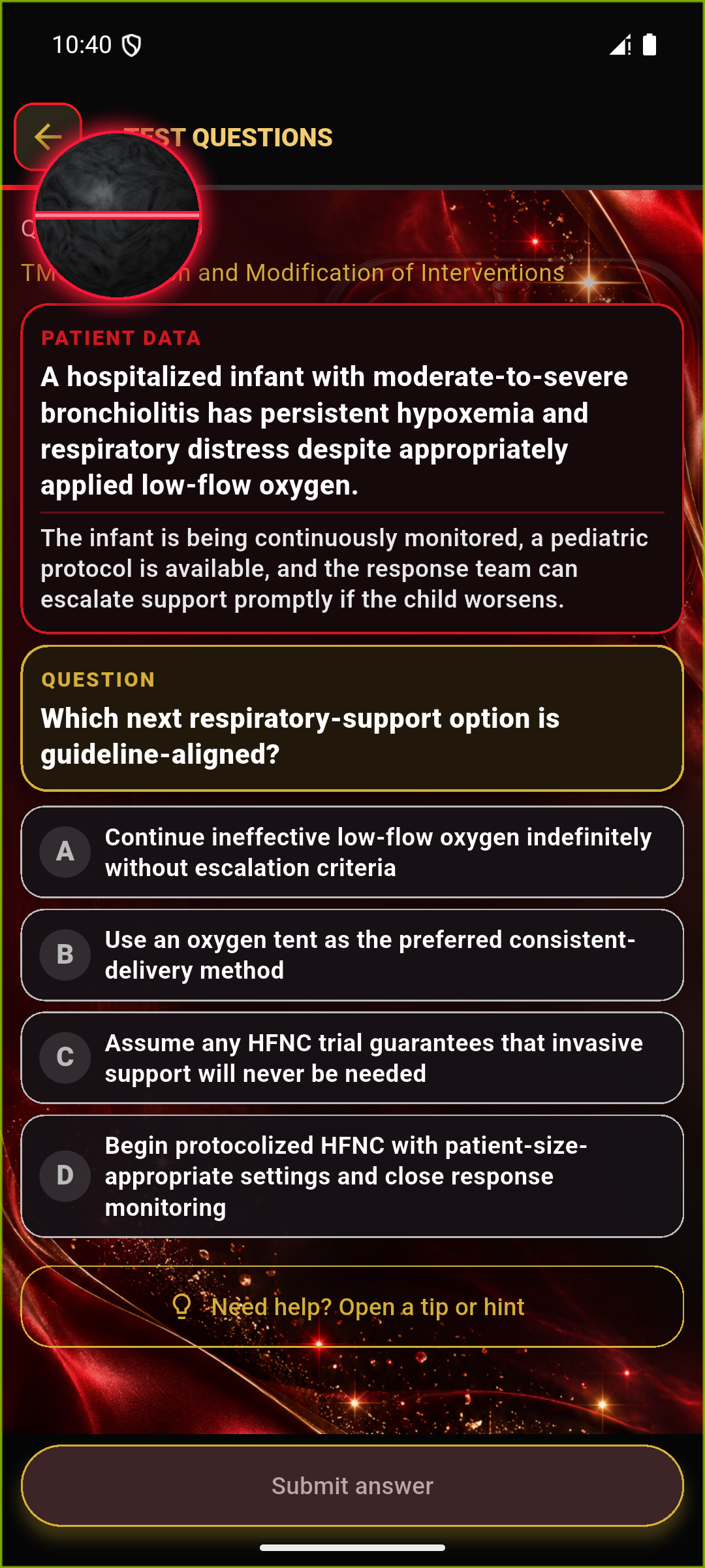 Current Respiratory Edge TMC-style question showing patient data, a clinical prompt, and multiple-choice answers